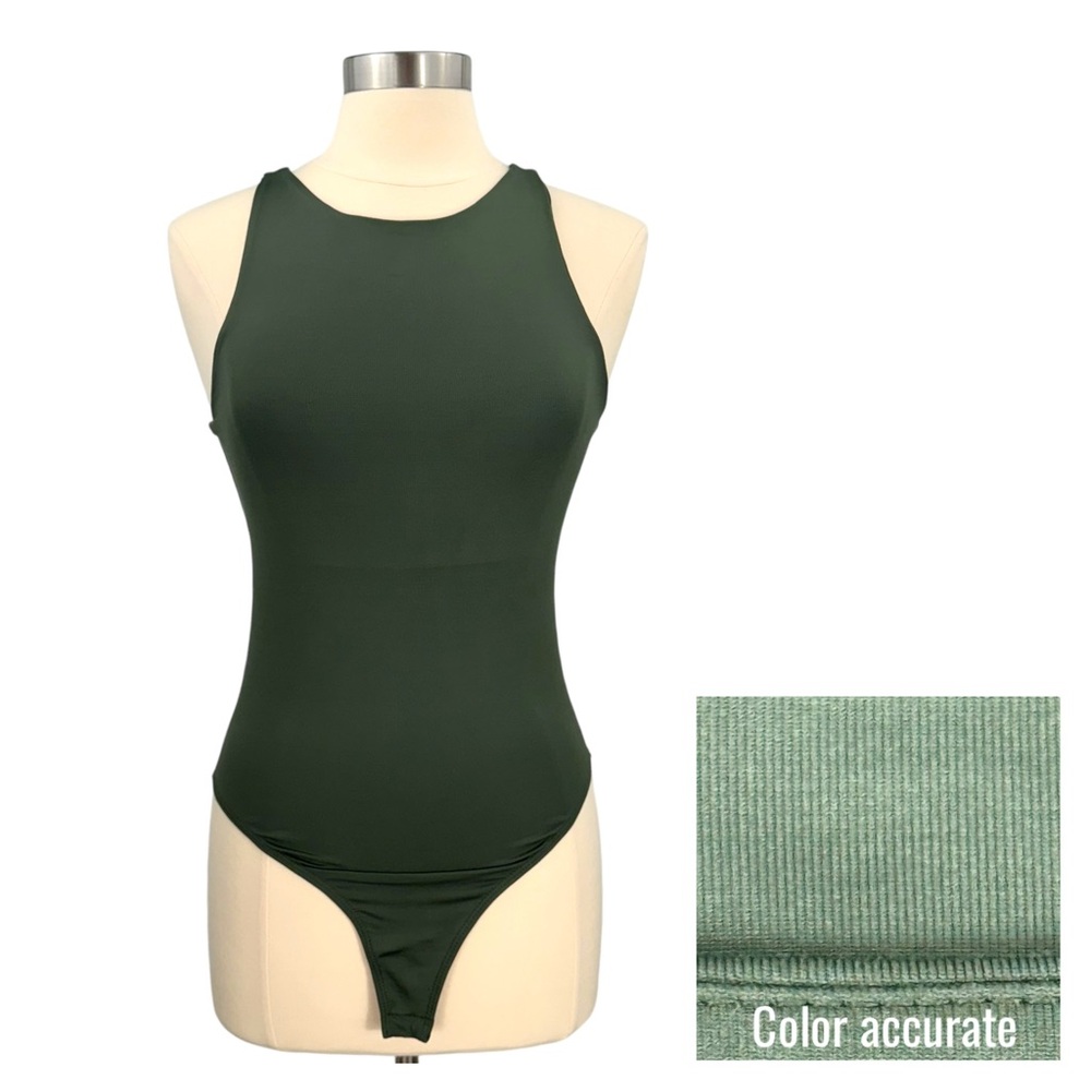 Francesca’s GB Fashion London Army Green High Neck Sleeveless Brief Cut Bodysuit